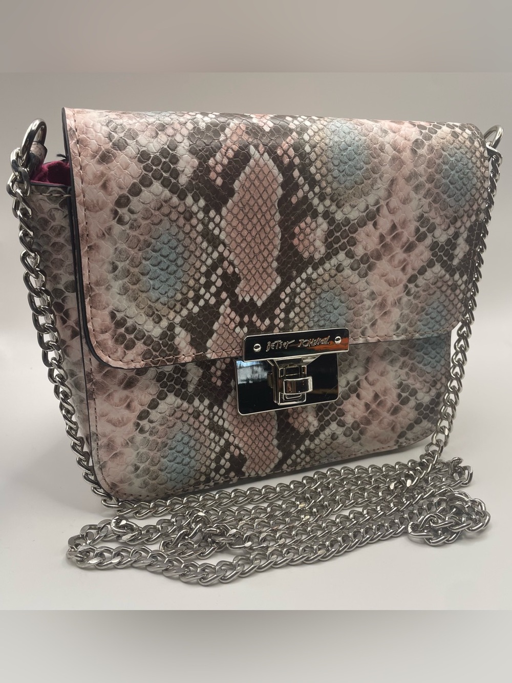 Betsey Johnson Pink & Gray Snakeskin-Print Chain Crossbody